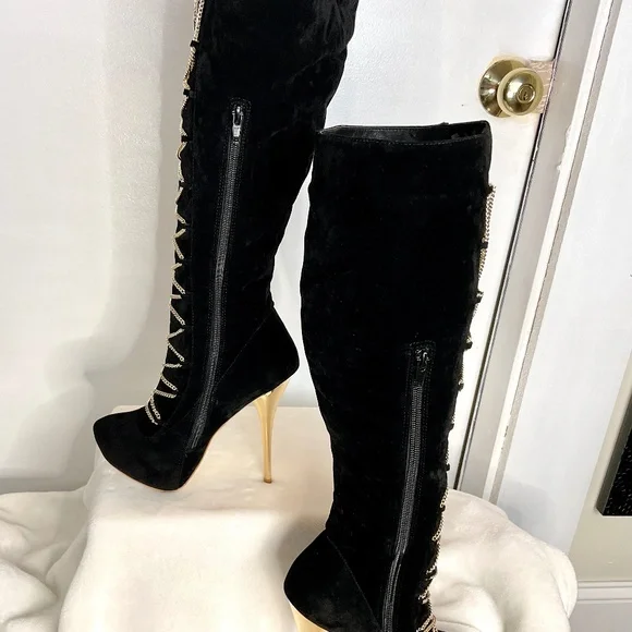 Black Scene Weaver Velvet Lucille Knee High Lace Up Boots Gold Chain Size 6 - Picture 3 of 16